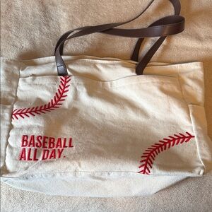 Baseball All Day Canvas Tote Bag with Red Stitching